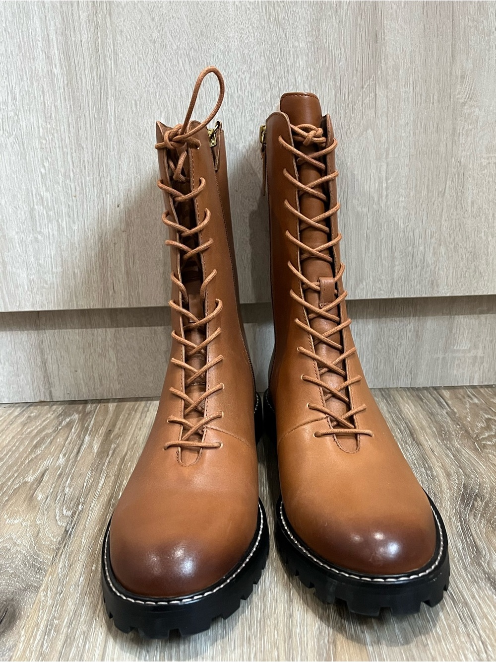 J.Crew Gwen Leather Combat Boots Cognac Brown Size 9 NWOB